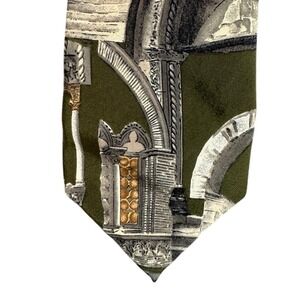 Structure Mens Silk Tie Olive Green Architectural Arch Print Made in USA 57in